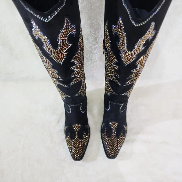 Sparks Country Western Cowgirl Knee Boots Dazzleing Iridescent Rhinestones Black